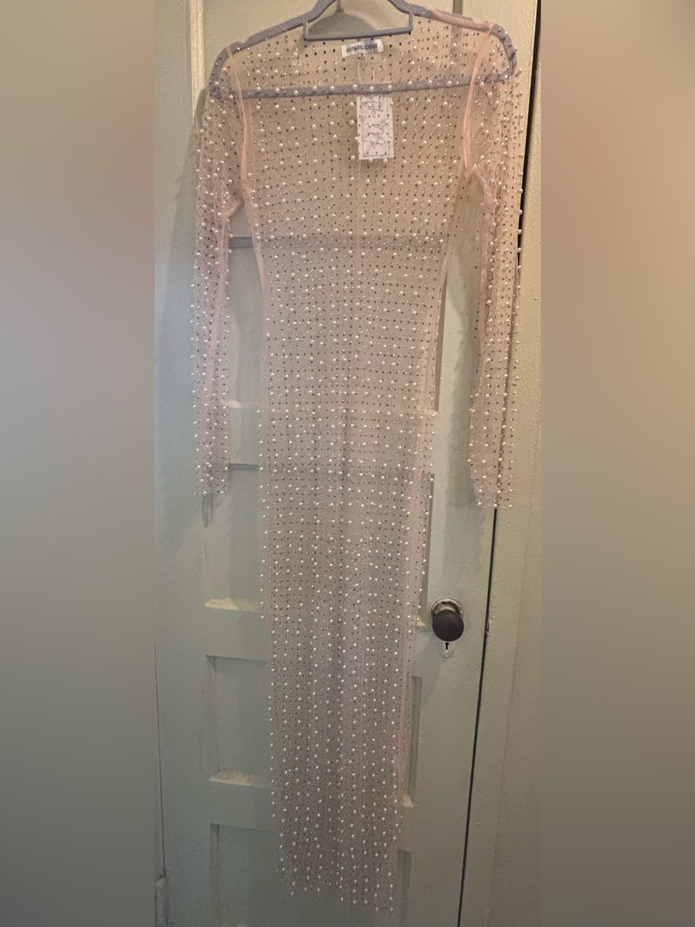 NWT Pearl Embellished Sheer Long-Sleeve Maxi cover up- Blush